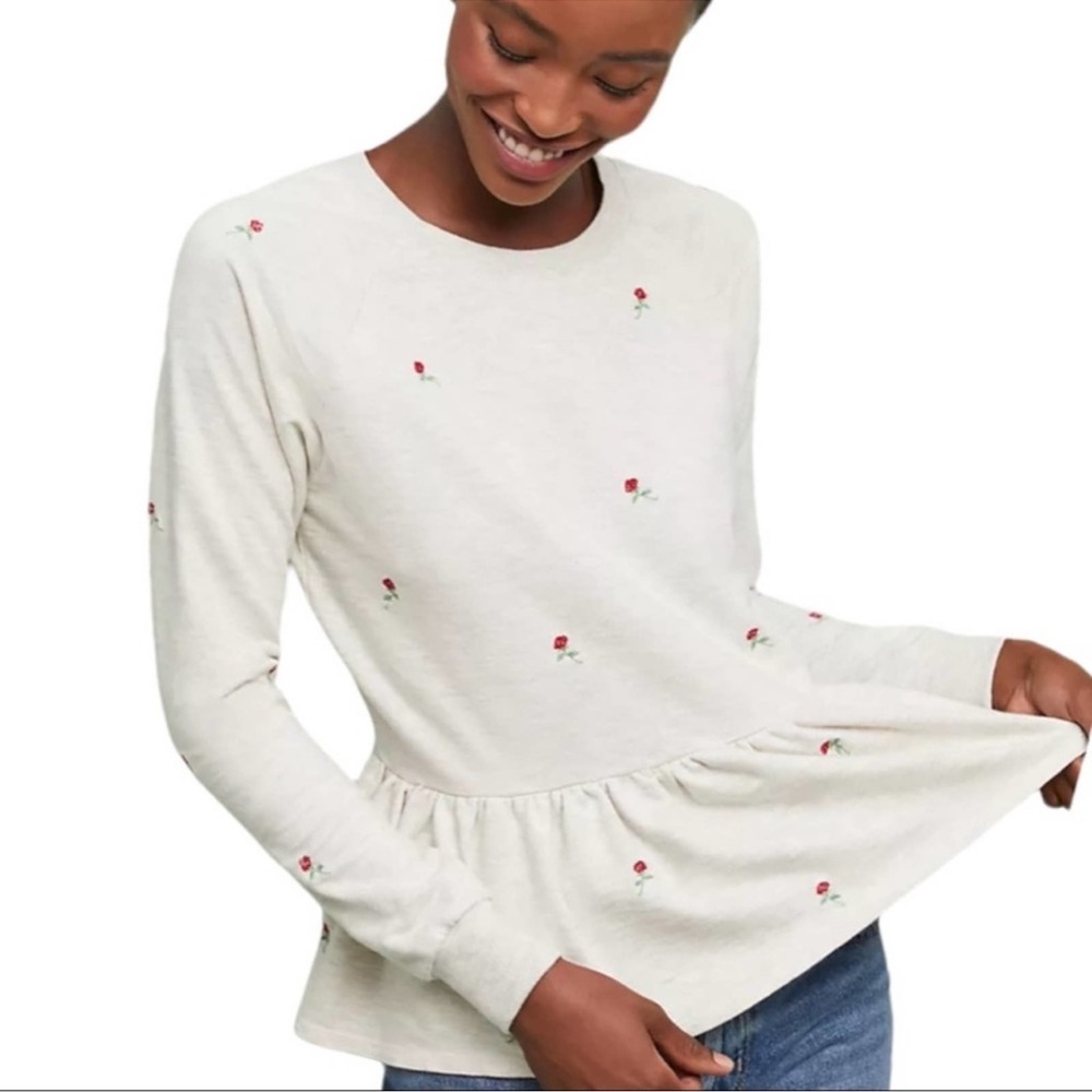 Anthropologie Cream Long Sleeve Peplum Top with Red Floral Accents
